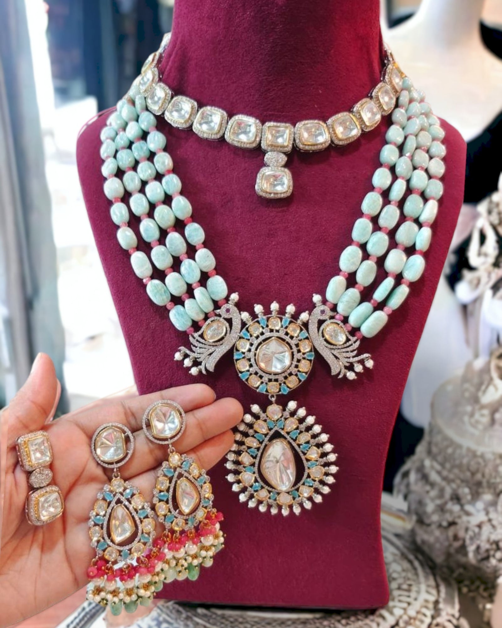 Nandini semi precious necklace set in amazonite color