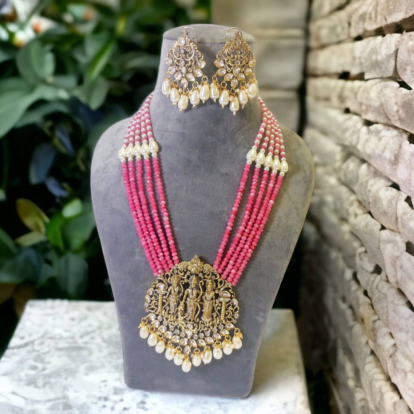Ram charit antique necklace set in french pink color