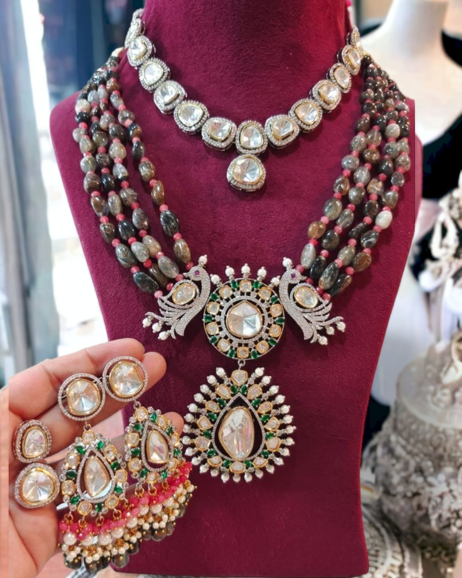 Nandini semi precious necklace set in labradorite color color